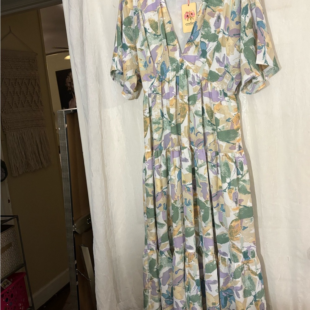 Entro Yellow and Blue Flutter Sleeve V-Neck Sundress